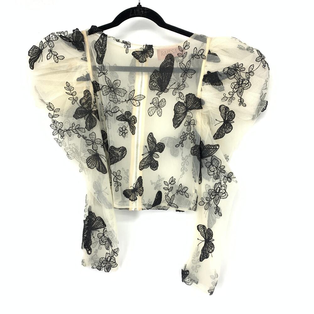 RAISSA Womens S Sheer Mesh Top Black Butterfly Embroidered Ivory Long Sleeve